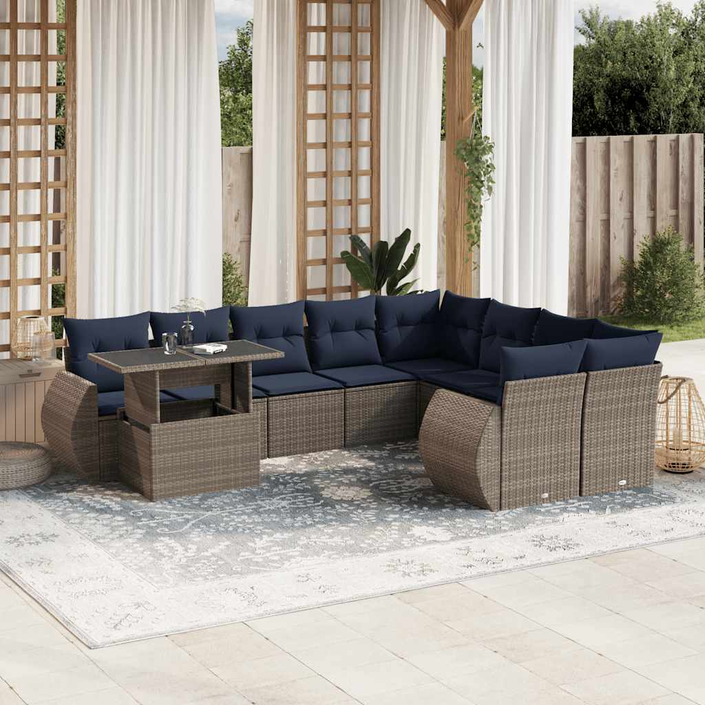 vidaXL 10-teiliges Gartensofa-Set mit Kissen, schwarzes Polyrattan