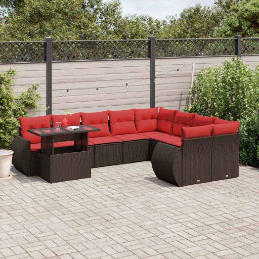 vidaXL 10-teiliges Gartensofa-Set mit Kissen, schwarzes Polyrattan