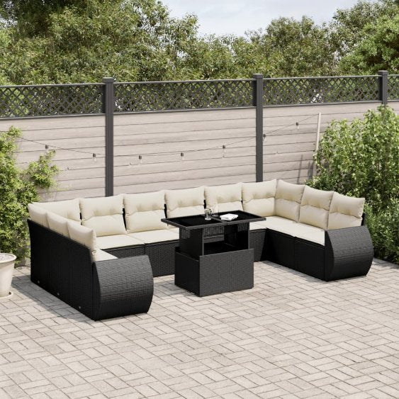 vidaXL 11-tlg. Garten-Sofagarnitur mit Kissen Schwarz Poly Rattan