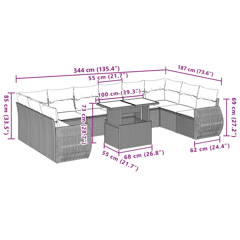 vidaXL 11-teiliges Gartensofa-Set mit Kissen, schwarzes Polyrattan