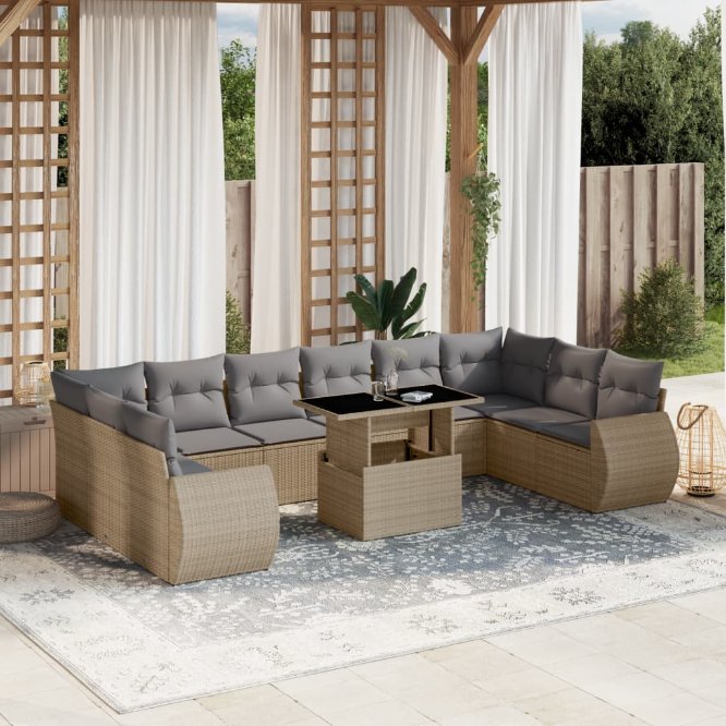 vidaXL 11-tlg. Garten-Sofagarnitur mit Kissen Schwarz Poly Rattan