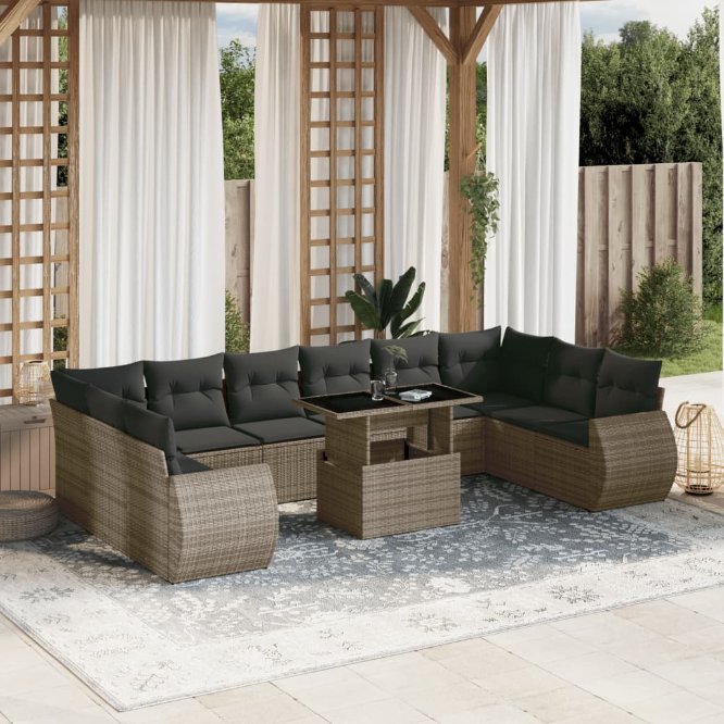 vidaXL 11-tlg. Garten-Sofagarnitur mit Kissen Schwarz Poly Rattan