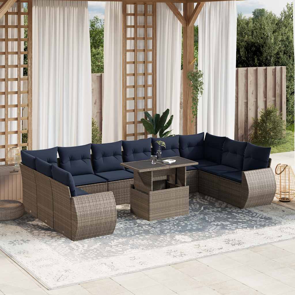 vidaXL 11-teiliges Gartensofa-Set mit Kissen, schwarzes Polyrattan