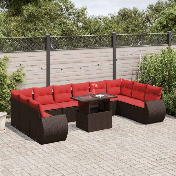 vidaXL 11-teiliges Gartensofa-Set mit Kissen, schwarzes Polyrattan
