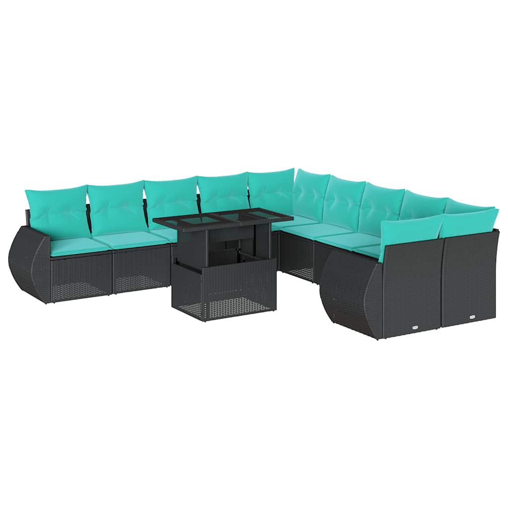 vidaXL 11-teiliges Gartensofa-Set mit Kissen, schwarzes Polyrattan