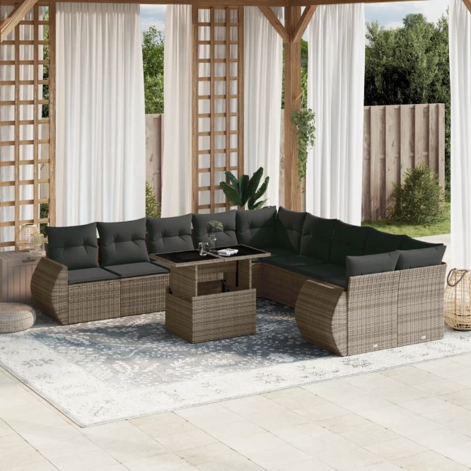 vidaXL 11-tlg. Garten-Sofagarnitur mit Kissen Schwarz Poly Rattan