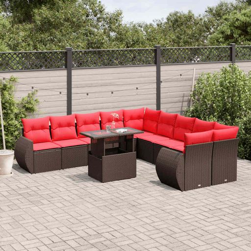 vidaXL 11-teiliges Gartensofa-Set mit Kissen, schwarzes Polyrattan