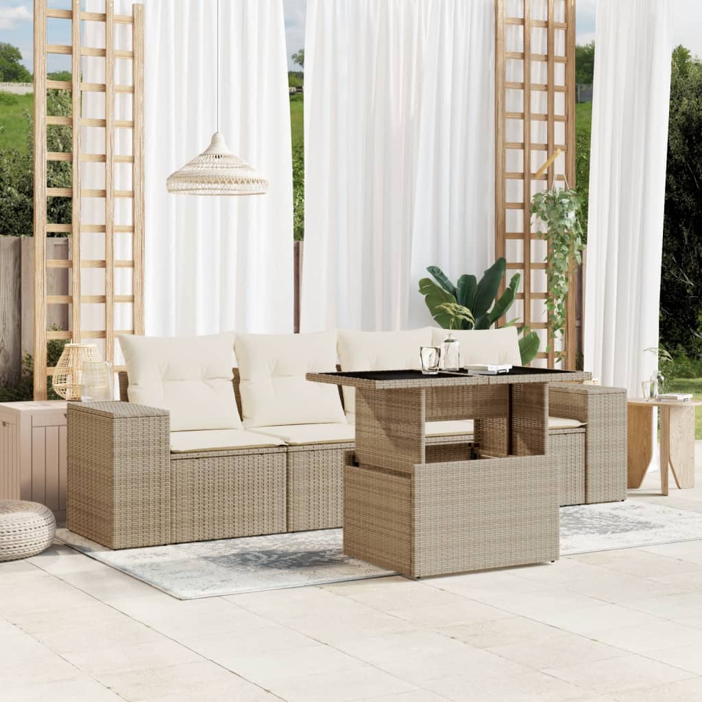 5-tlg. Garten-Sofagarnitur mit Kissen Schwarz Poly Rattan