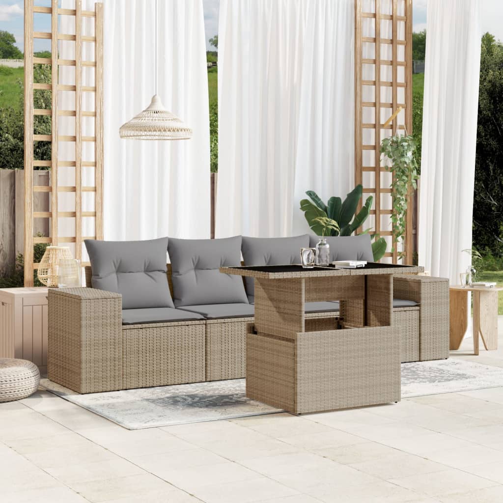 5-tlg. Garten-Sofagarnitur mit Kissen Schwarz Poly Rattan