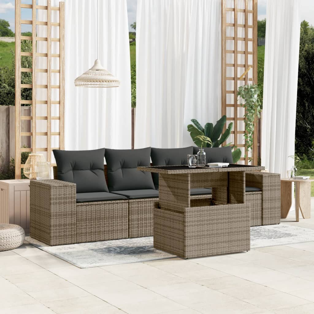 5-tlg. Garten-Sofagarnitur mit Kissen Schwarz Poly Rattan