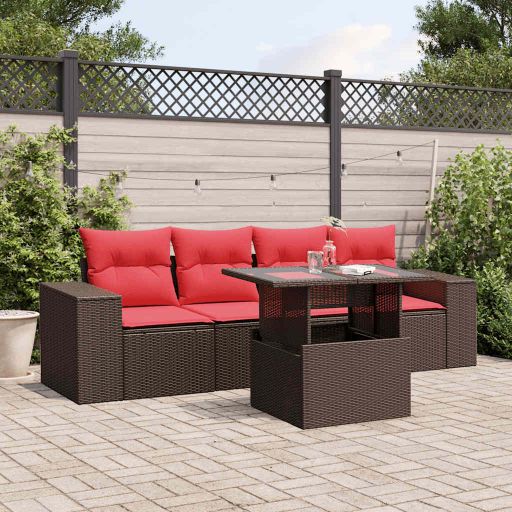 5-teiliges Gartensofa-Set mit Kissen, schwarzes Polyrattan