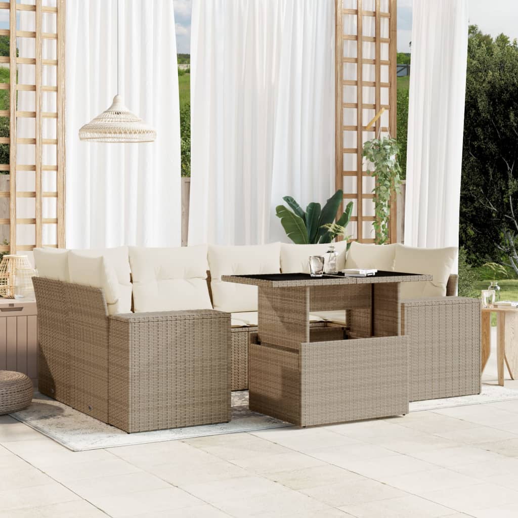 7-tlg. Garten-Sofagarnitur mit Kissen Schwarz Poly Rattan