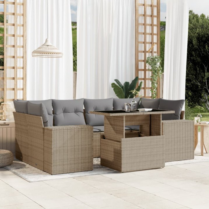 7-tlg. Garten-Sofagarnitur mit Kissen Schwarz Poly Rattan