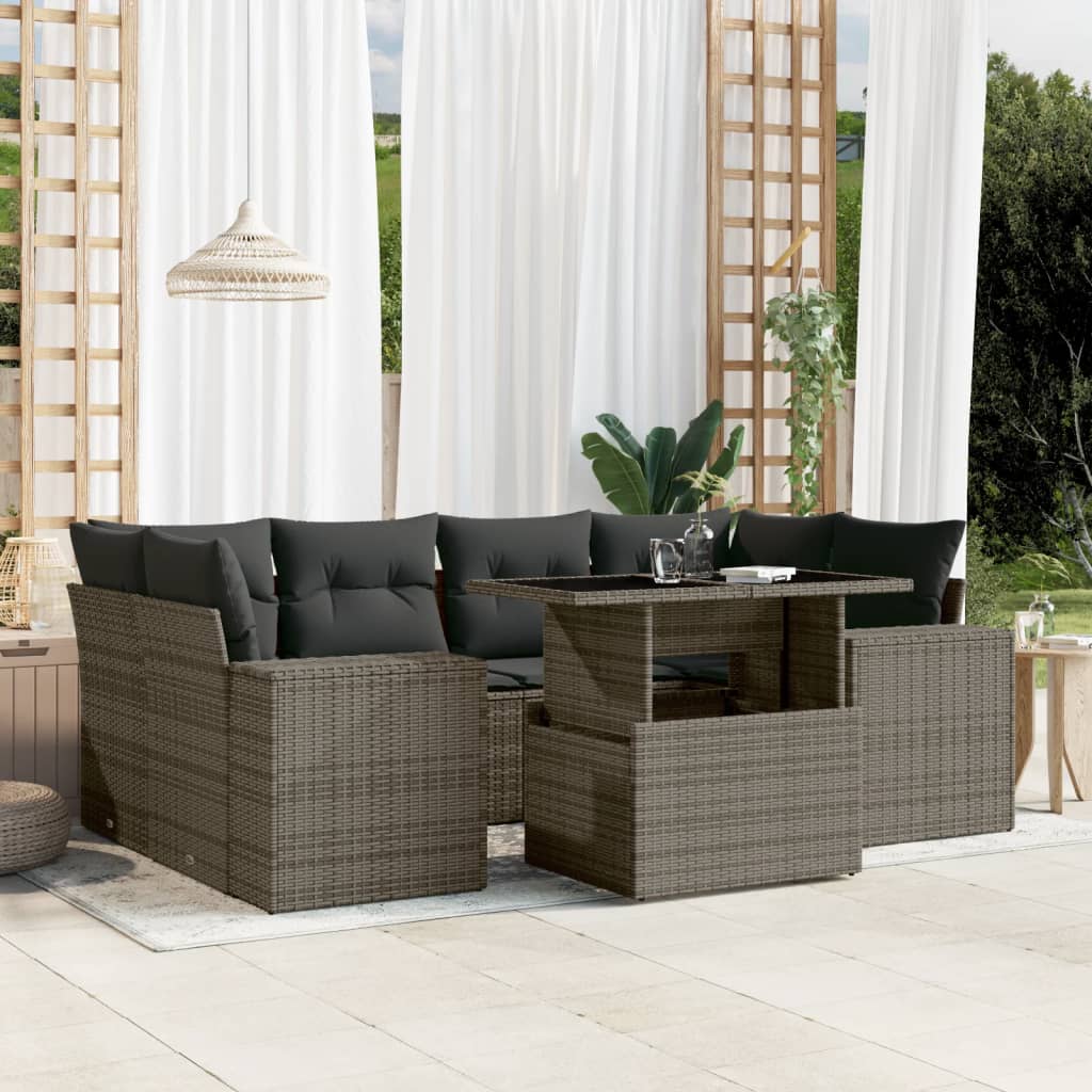 7-tlg. Garten-Sofagarnitur mit Kissen Schwarz Poly Rattan