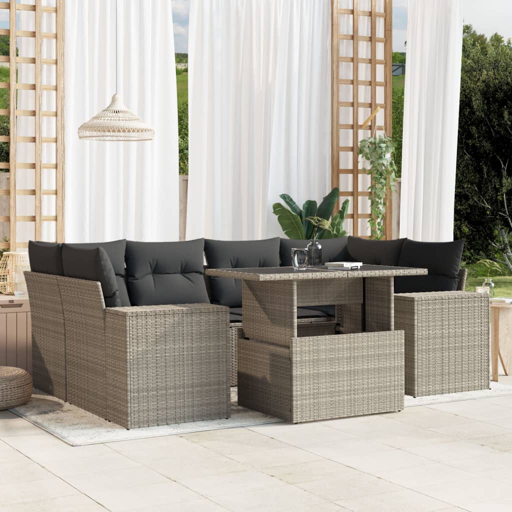 7-tlg. Garten-Sofagarnitur mit Kissen Schwarz Poly Rattan