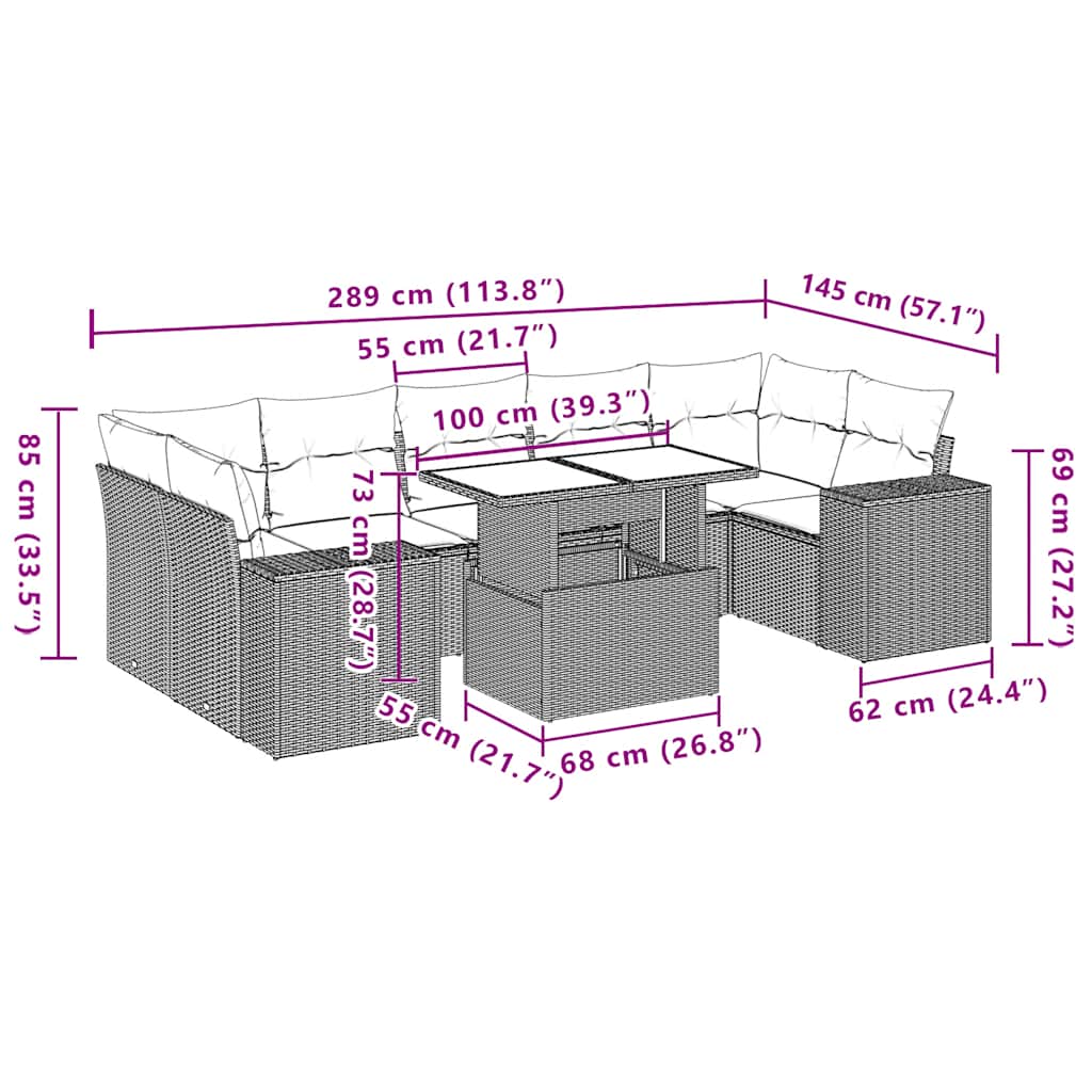 8-teiliges Gartensofa-Set mit Kissen, schwarzes Polyrattan