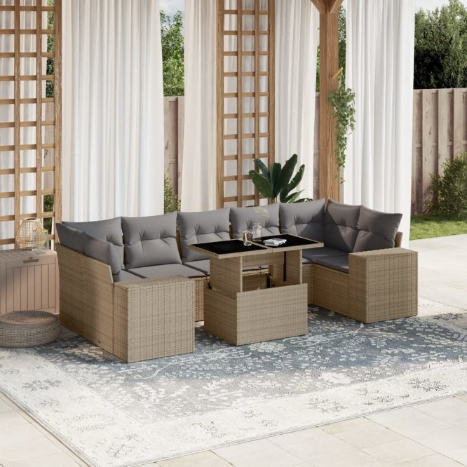 8-tlg. Garten-Sofagarnitur mit Kissen Schwarz Poly Rattan