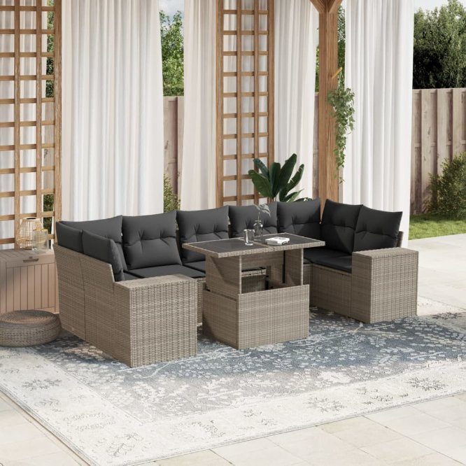 8-tlg. Garten-Sofagarnitur mit Kissen Schwarz Poly Rattan