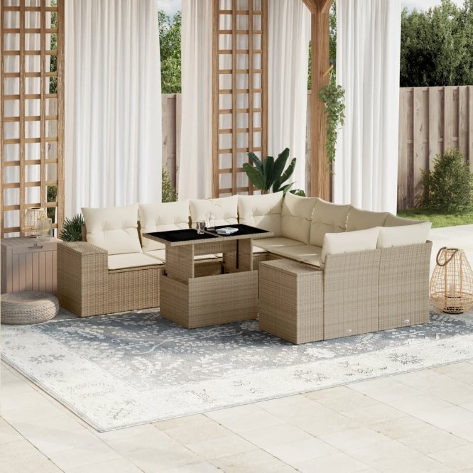 9-tlg. Garten-Sofagarnitur mit Kissen Schwarz Poly Rattan