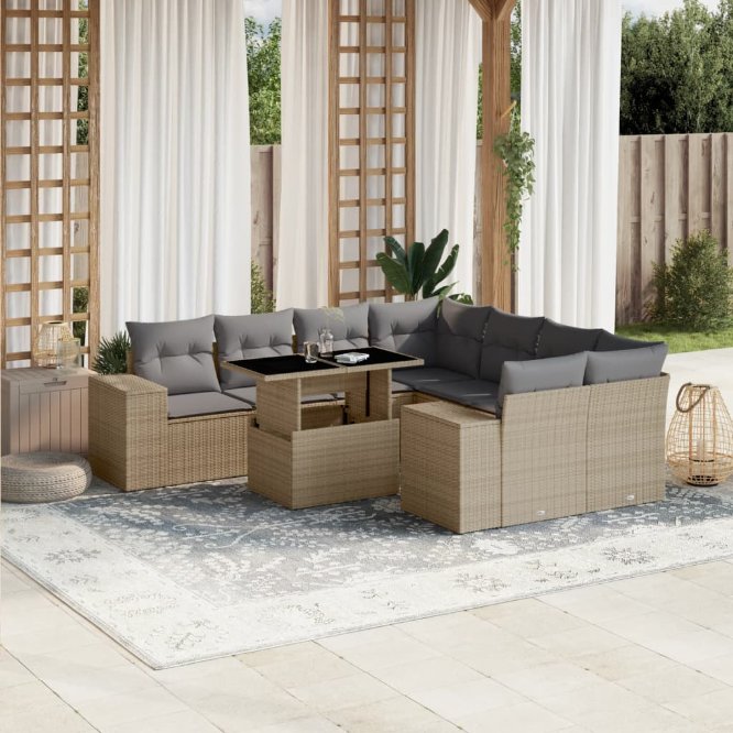 9-tlg. Garten-Sofagarnitur mit Kissen Schwarz Poly Rattan