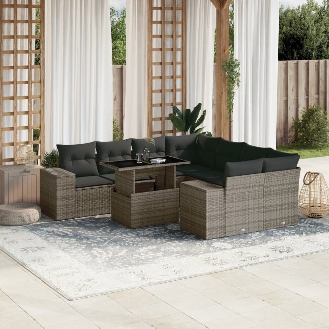 9-tlg. Garten-Sofagarnitur mit Kissen Schwarz Poly Rattan