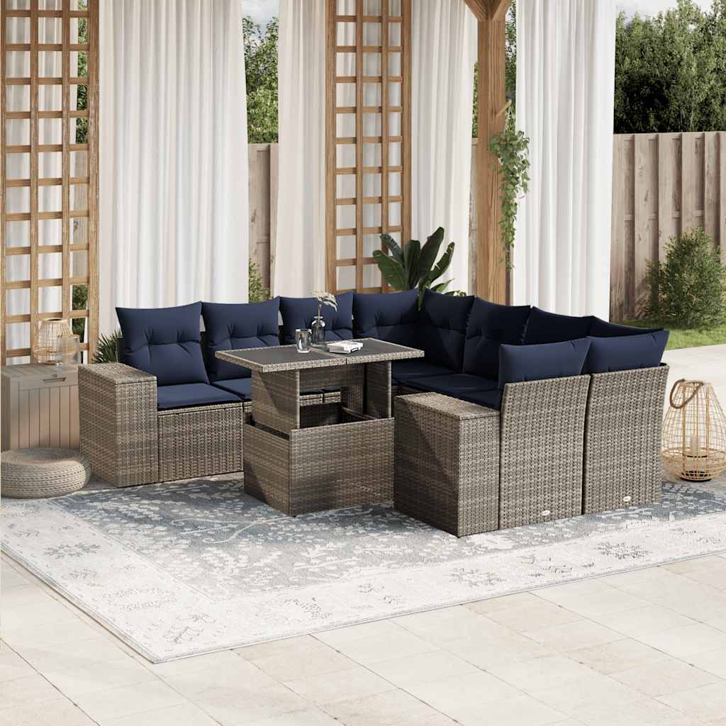 9-teiliges Gartensofa-Set mit Kissen, schwarzes Polyrattan