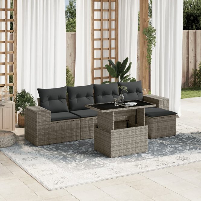 6-tlg. Garten-Sofagarnitur mit Kissen Schwarz Poly Rattan