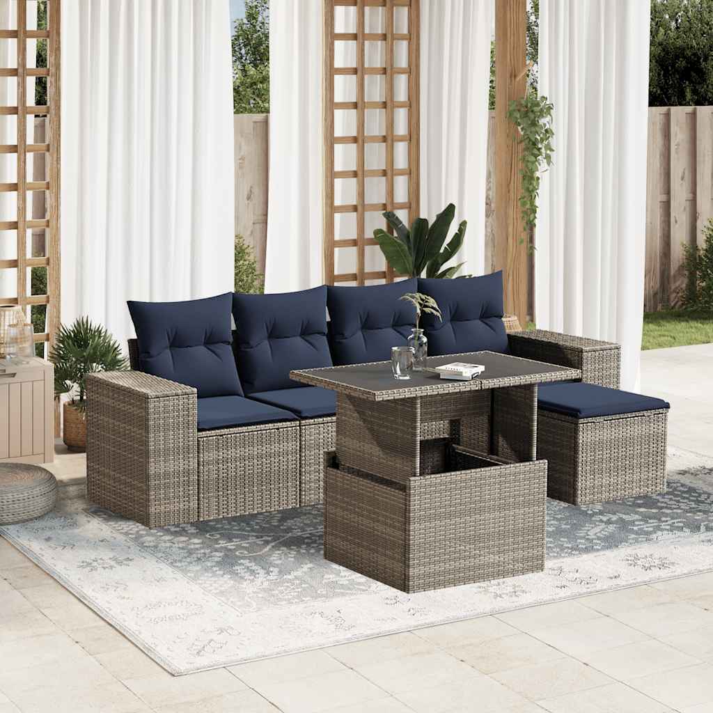 6-teiliges Gartensofa-Set mit Kissen, schwarzes Polyrattan