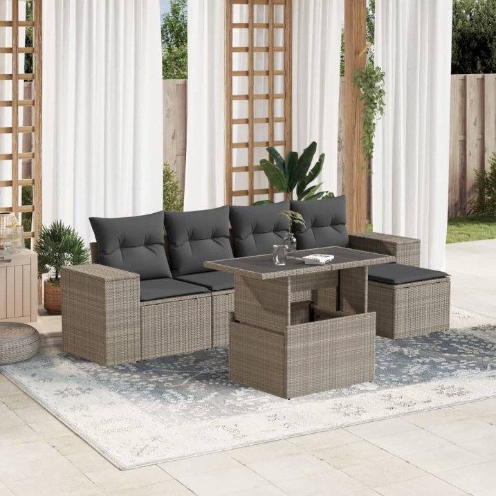 6-tlg. Garten-Sofagarnitur mit Kissen Schwarz Poly Rattan