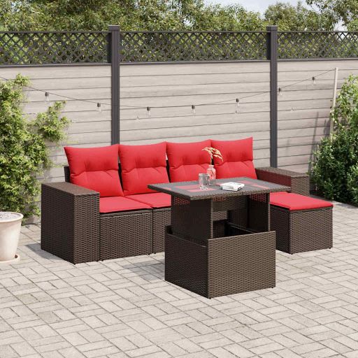 6-teiliges Gartensofa-Set mit Kissen, schwarzes Polyrattan