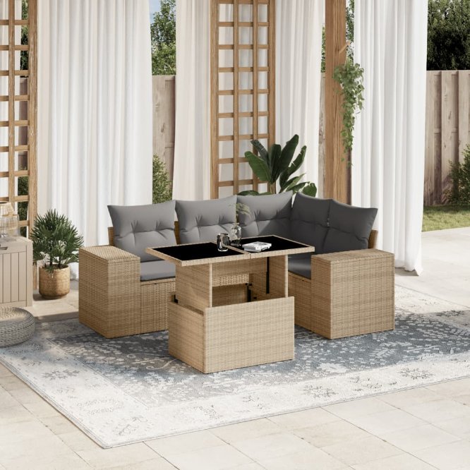 5-tlg. Garten-Sofagarnitur mit Kissen Schwarz Poly Rattan
