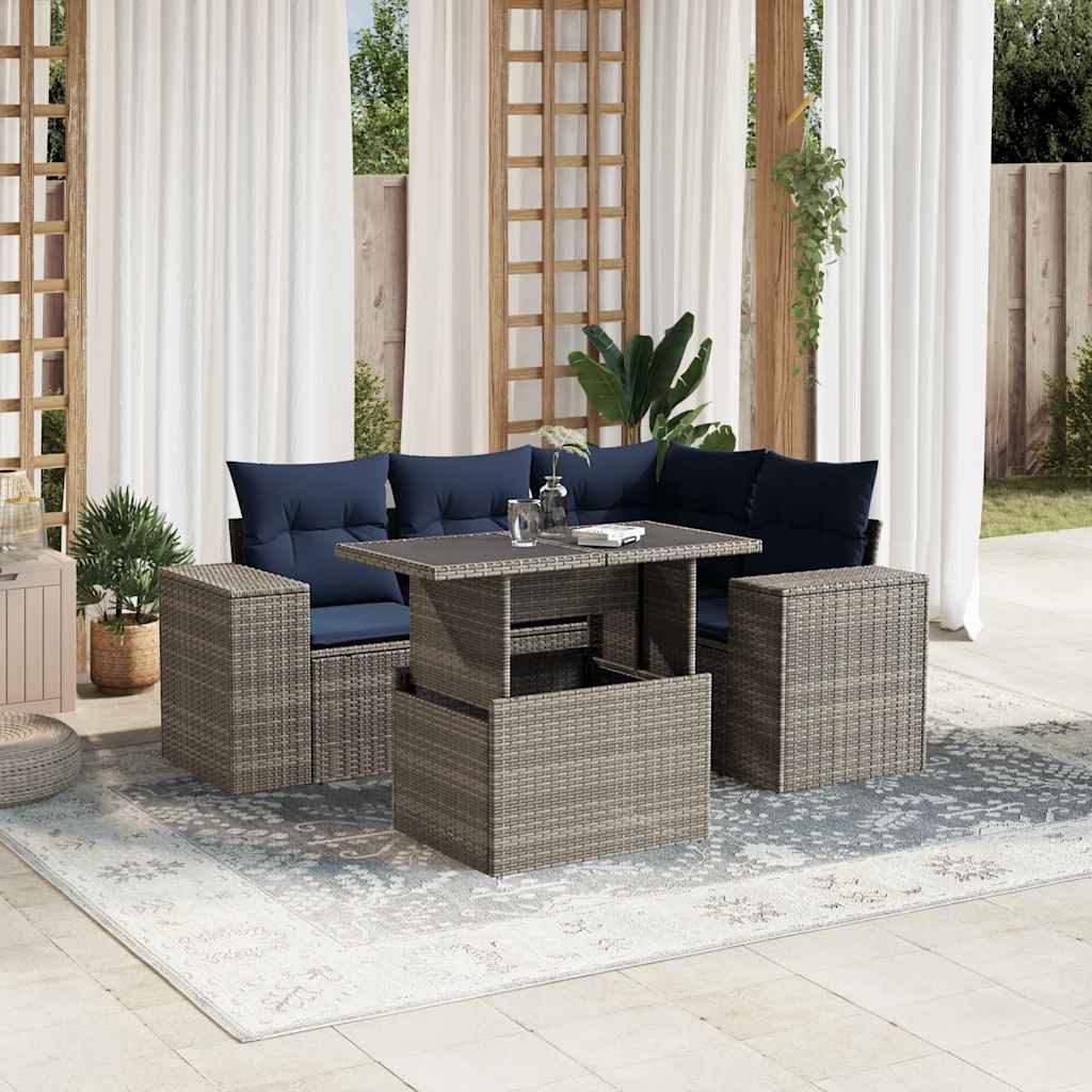 5-teiliges Gartensofa-Set mit Kissen, schwarzes Polyrattan