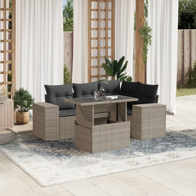 5-tlg. Garten-Sofagarnitur mit Kissen Schwarz Poly Rattan