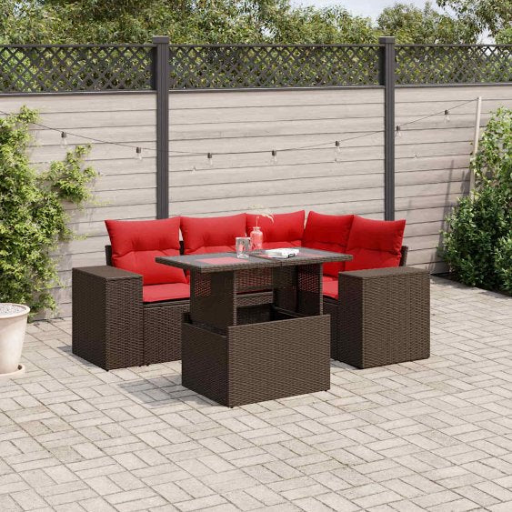5-teiliges Gartensofa-Set mit Kissen, schwarzes Polyrattan