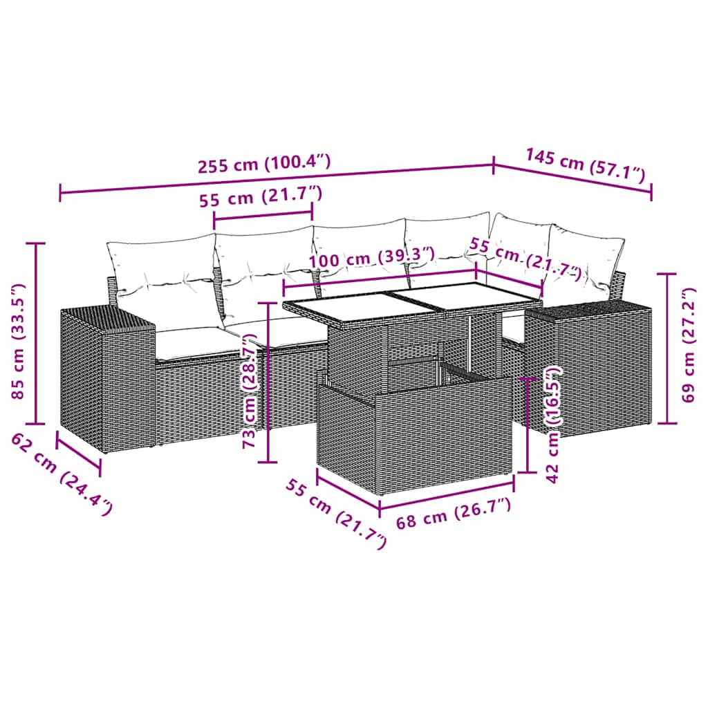 6-teiliges Gartensofa-Set mit Kissen, schwarzes Polyrattan