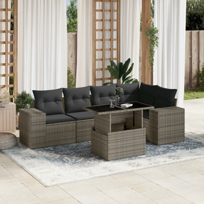 6-tlg. Garten-Sofagarnitur mit Kissen Schwarz Poly Rattan