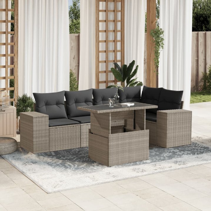 6-tlg. Garten-Sofagarnitur mit Kissen Schwarz Poly Rattan