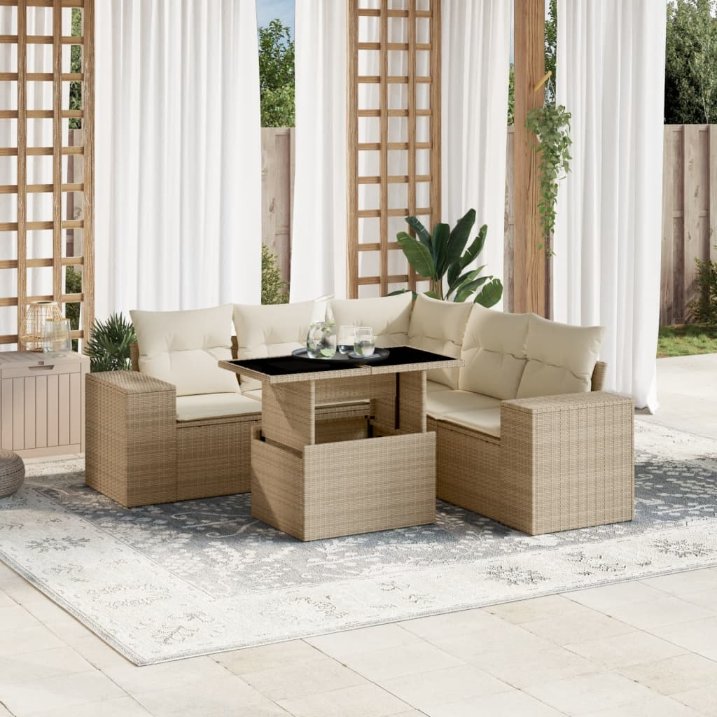 6-tlg. Garten-Sofagarnitur mit Kissen Schwarz Poly Rattan