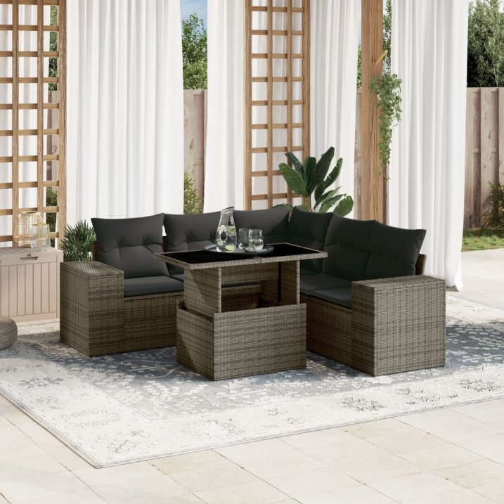 6-tlg. Garten-Sofagarnitur mit Kissen Schwarz Poly Rattan