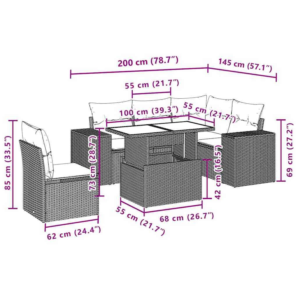 6-teiliges Gartensofa-Set mit Kissen, schwarzes Polyrattan