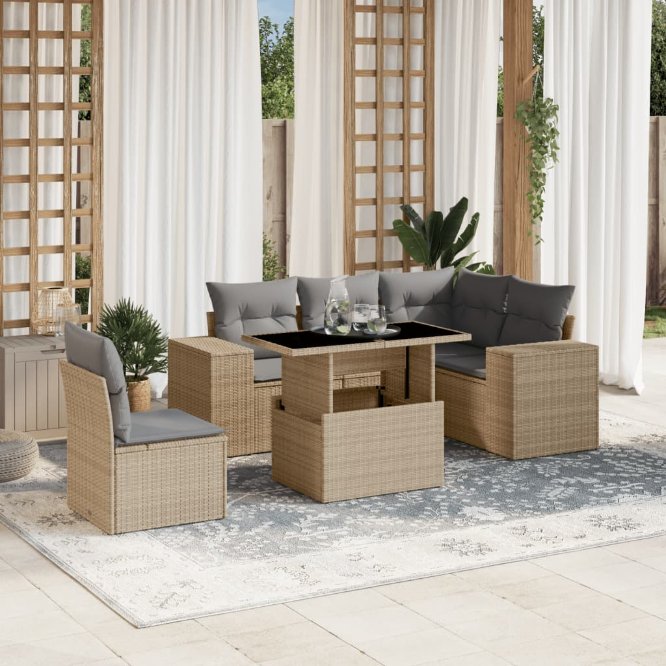 6-tlg. Garten-Sofagarnitur mit Kissen Schwarz Poly Rattan
