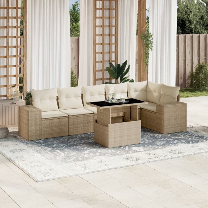 7-tlg. Garten-Sofagarnitur mit Kissen Schwarz Poly Rattan