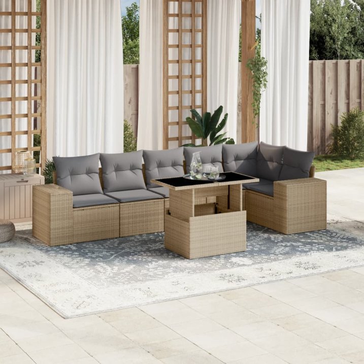 7-tlg. Garten-Sofagarnitur mit Kissen Schwarz Poly Rattan