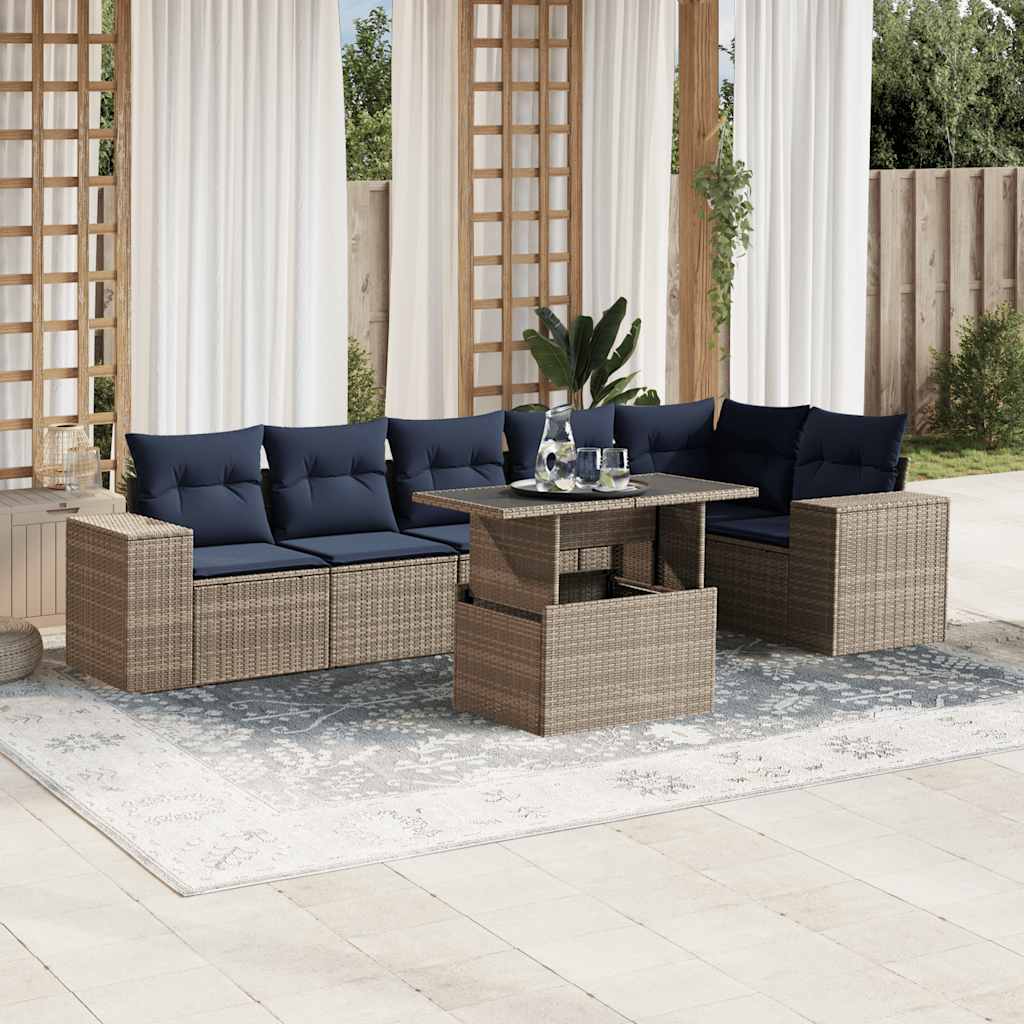 7-teiliges Gartensofa-Set mit Kissen, schwarzes Polyrattan