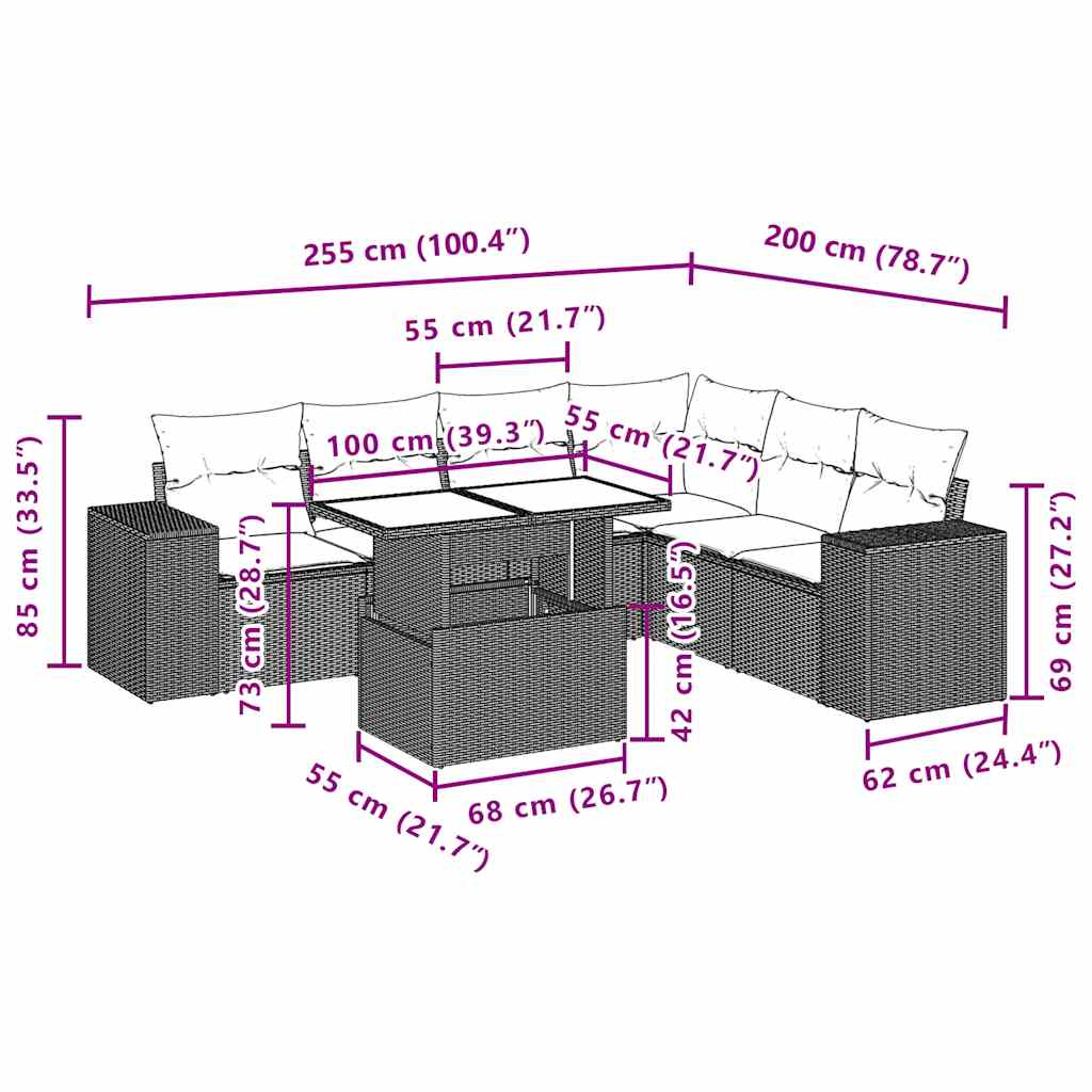 7-teiliges Gartensofa-Set mit Kissen, schwarzes Polyrattan