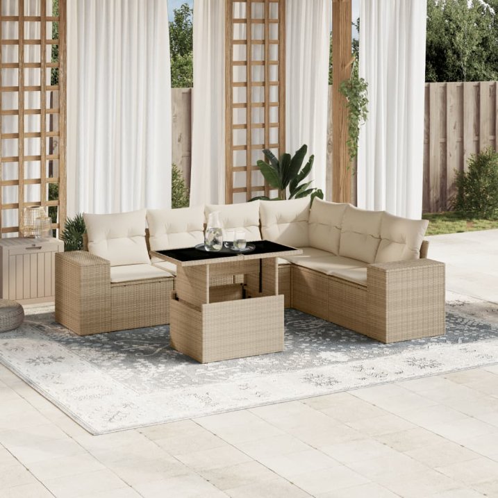 7-tlg. Garten-Sofagarnitur mit Kissen Schwarz Poly Rattan