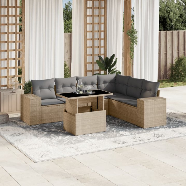 7-tlg. Garten-Sofagarnitur mit Kissen Schwarz Poly Rattan