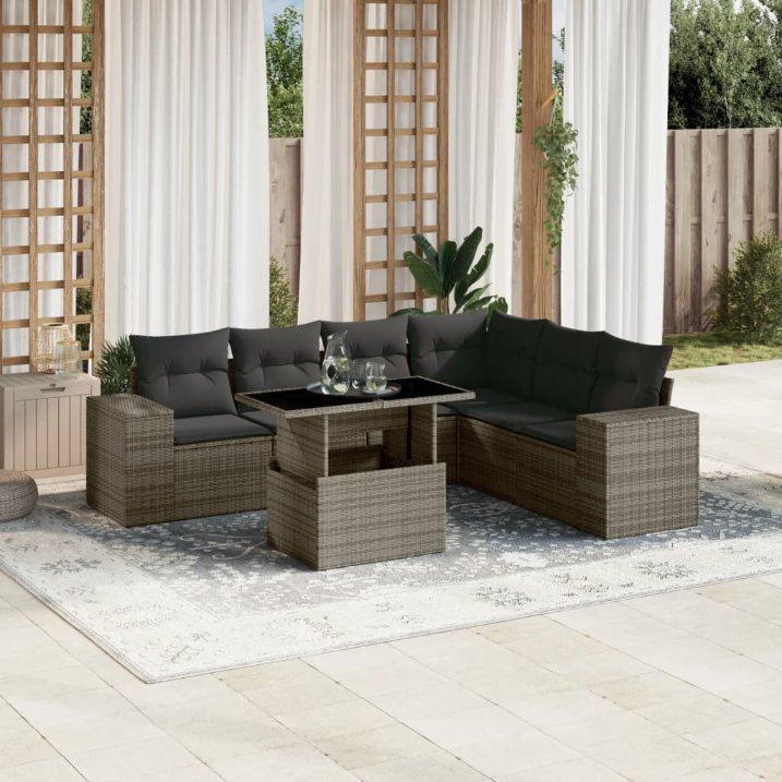 7-tlg. Garten-Sofagarnitur mit Kissen Schwarz Poly Rattan
