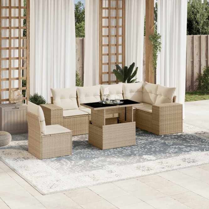 7-tlg. Garten-Sofagarnitur mit Kissen Schwarz Poly Rattan