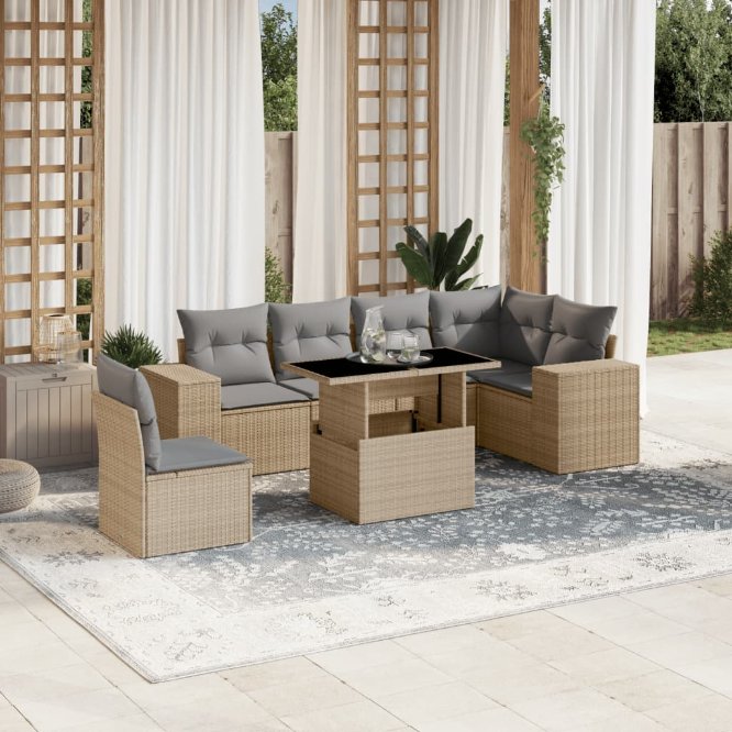 7-tlg. Garten-Sofagarnitur mit Kissen Schwarz Poly Rattan